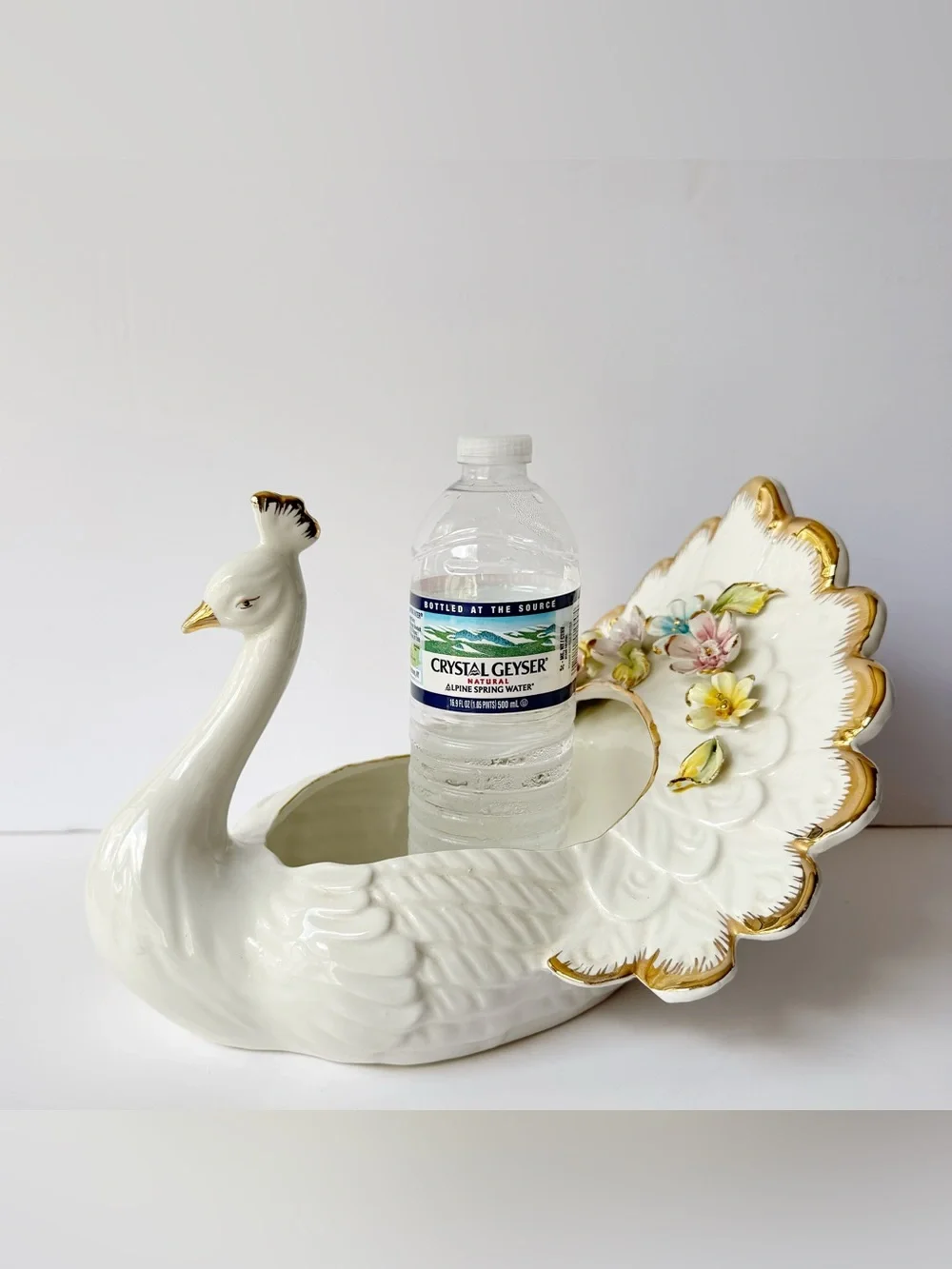Vintage Capodimonte Peacock Bird Swan Floral Gilt Large Porcelain Planter Vase